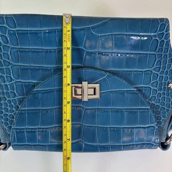 Claudia Firenze Teal Leather Croc-Embossed Handbag Rope Handle Chic Purse Italy - Picture 10 of 16